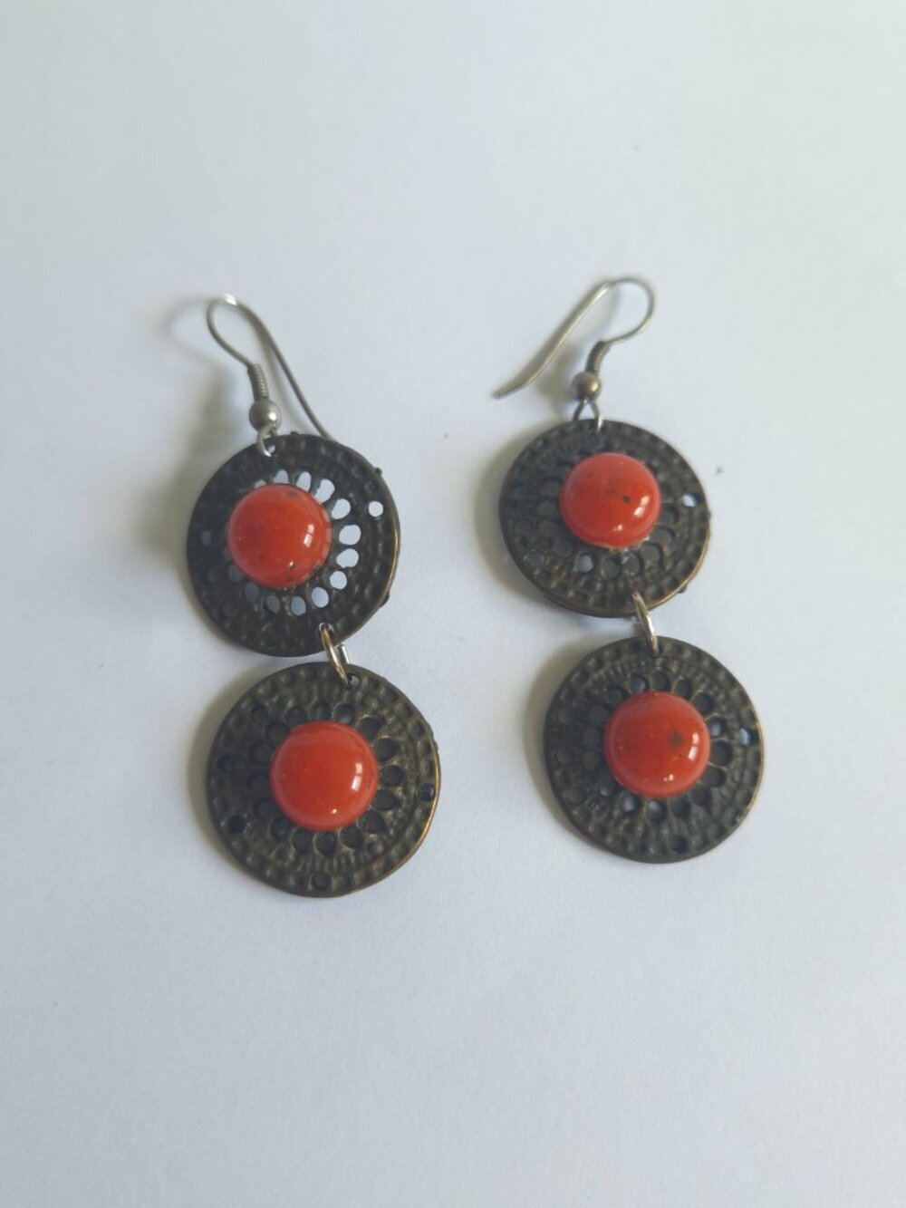 Vintage Bronze & Red Cabochon Tiered Drop Earrings
